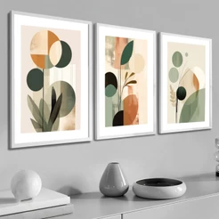 Kit 3 Quadros Decorativos Com Moldura 50x70 Folhagem Abstrata Moderno Para Sala Quarto