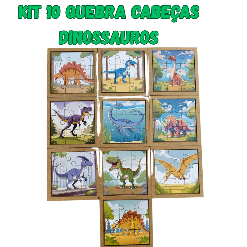 Kit com 10 Quebra-Cabeças de Dinossauros em MDF – 9 Peças Cada Jogo Pedagógico Lúdico Infantil em Oferta na Shopee