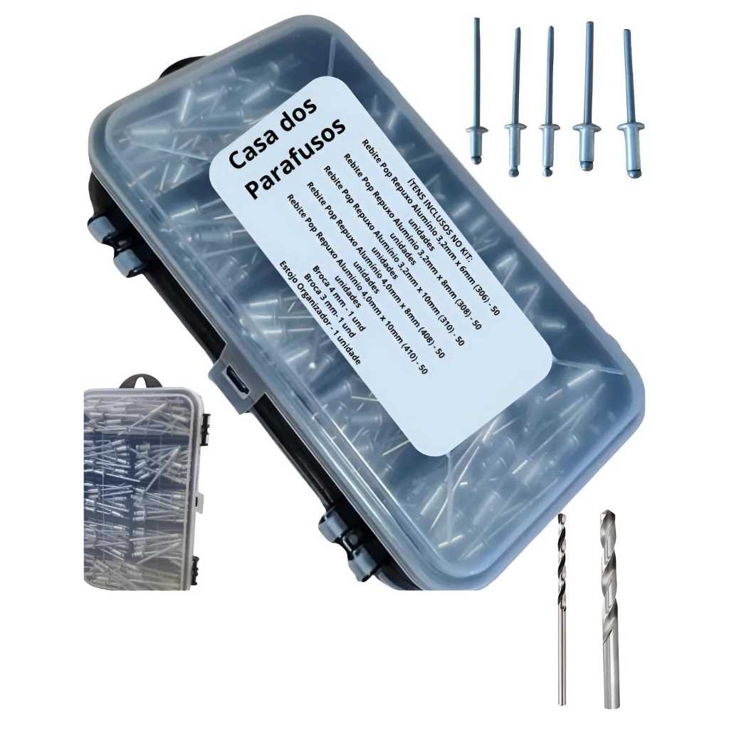 Kit 250 Rebite Pop com ou sem Estojo Organizador 2 Brocas Aço Brinde