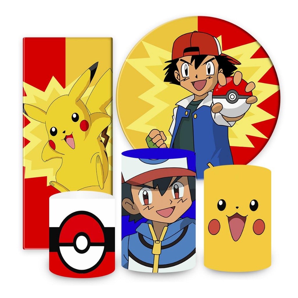Painel de festa Pokemon, painel redondo 1,50 Pokemon, capa de cilindro e portal