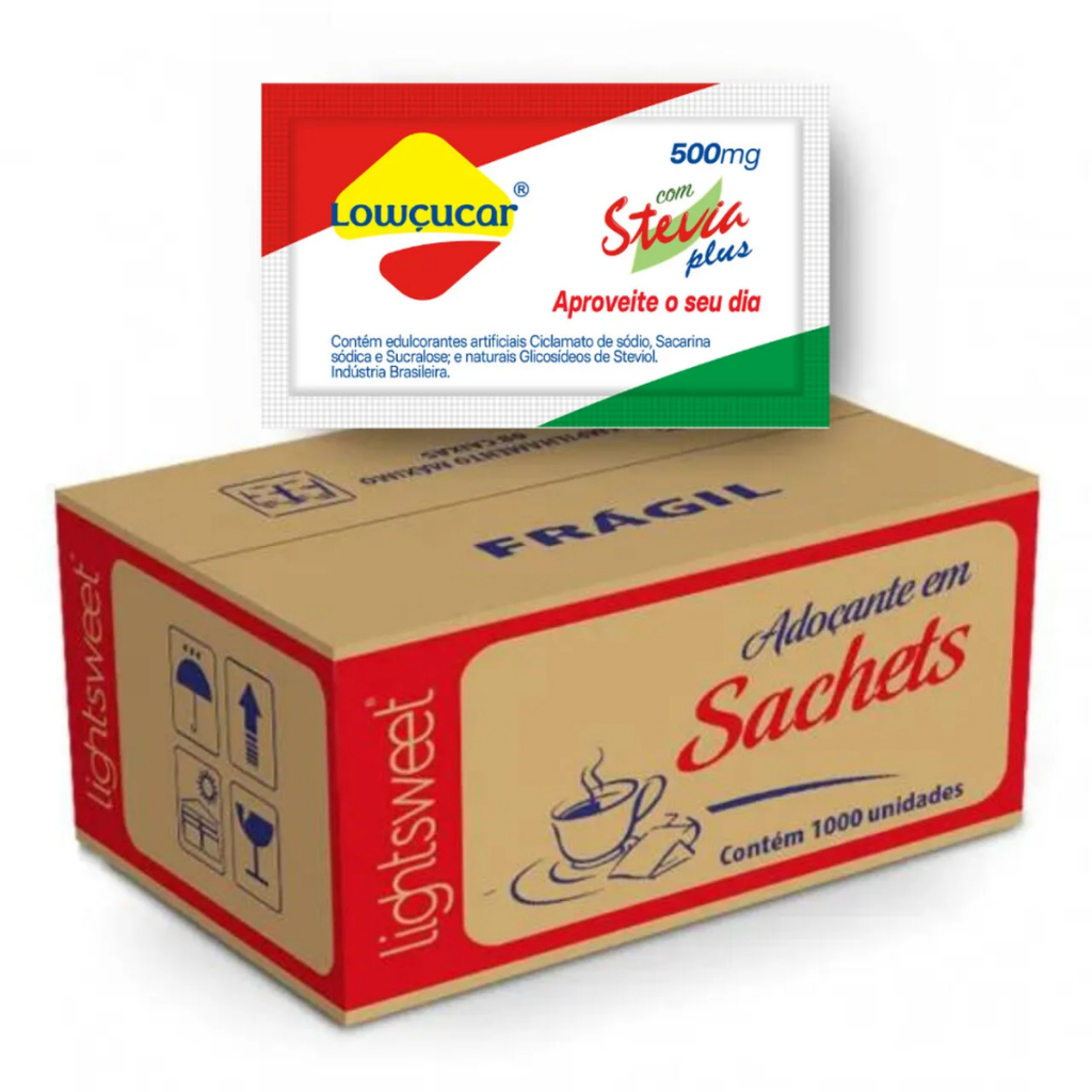 Adoçante Lowcucar Plus Com Stevia Sache, Aprovado pela ANAD, 1,8Kcal por sache Caixa Com 1000 X 0,5g