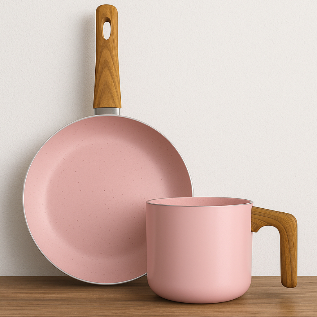 KIT LEITEIRA E FRIGIDEIRA ANTIADERENTE SAHARA 2MM ROSA PARA COZINHA PARA FORNO GÁS