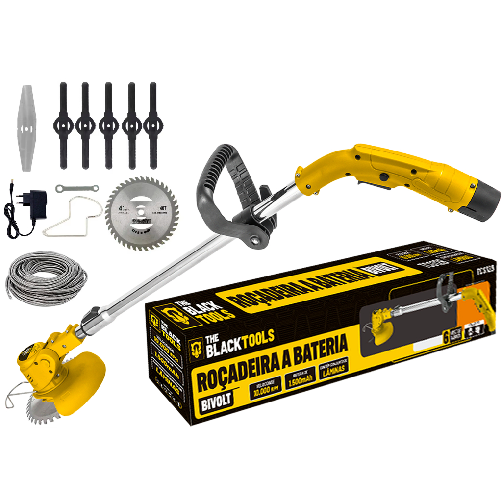 Roçadeira Aparador Grama A Bateria Recarregável 12v 460w 110v/220v Com Acessórios The Black Tools - Home & Living