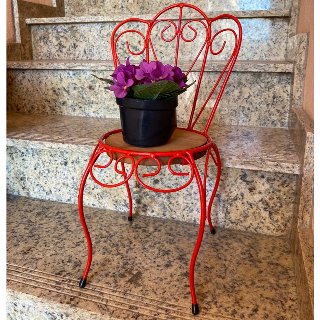 Mini Cadeira vermelho Suporte Vasos Plantas Cadeirinha Infantil Ferro/Madeira Oferta De Fabrica