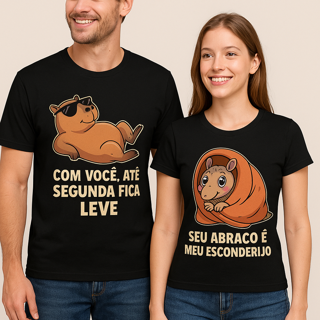 Kit Camiseta Casal dia dos Namorados Estampa Capivara e Tatu  Masculina + Feminina