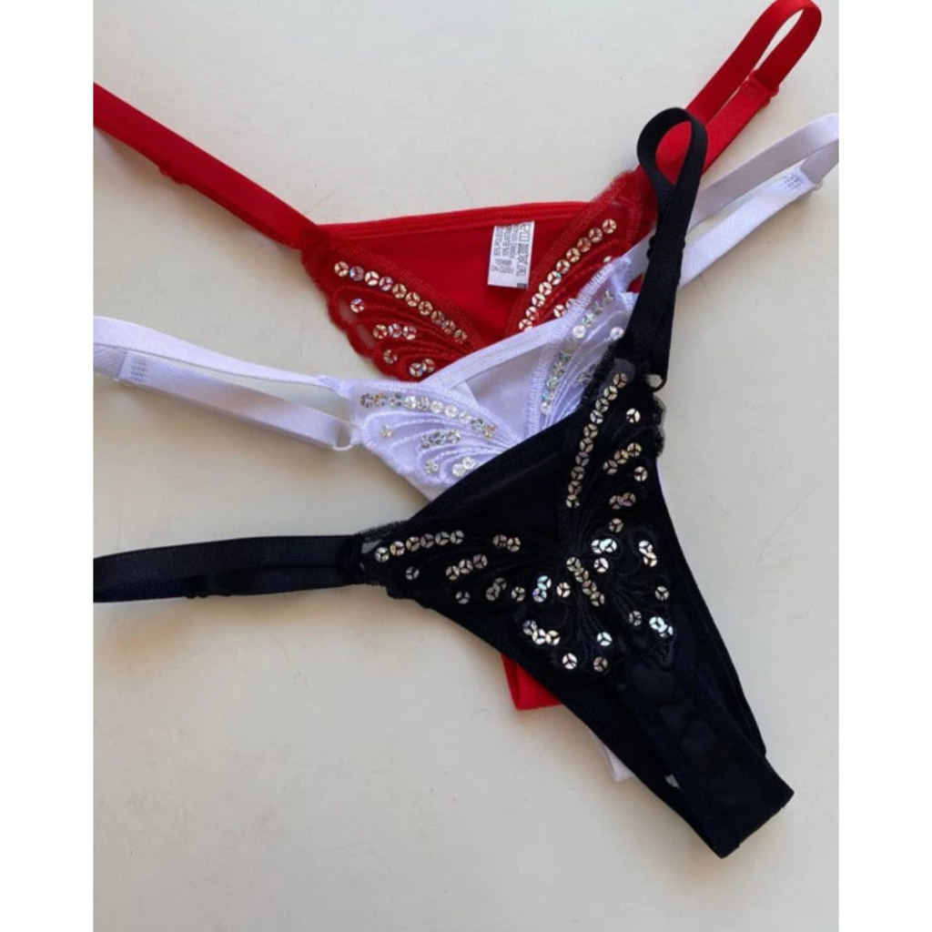 3 Calcinhas Fio Dental Sexy com Borboleta Paetê | Regulável, Conforto e Envio Rápido em Oferta na Shopee