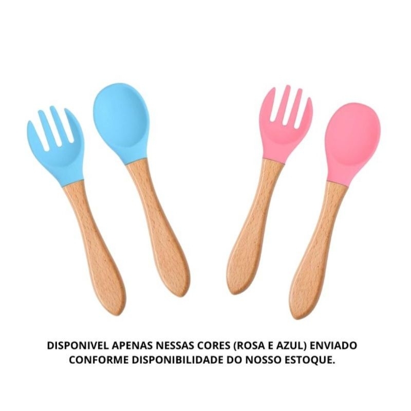 Kit Colher e Garfo Silicone Infantil Para Bebê  Com Cabo De Bambu