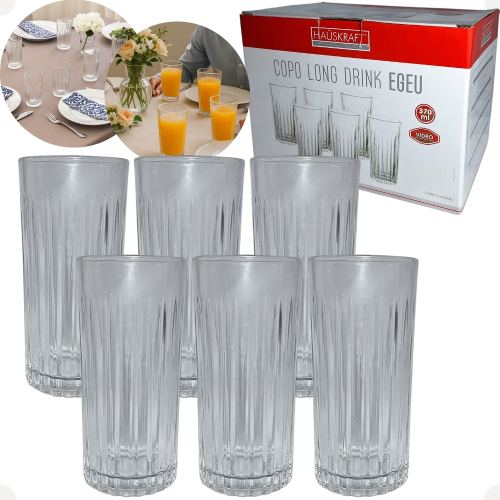 Jogo de Copos Alto Long Drink Egeu Vidro Transparente 370ml 6 peças Linha da Haüskraft 15cm CPXG014