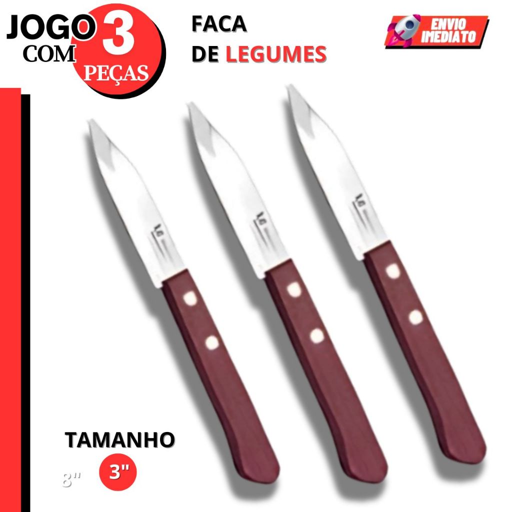 Faca Legumes Faquinha até 3 Unidades Aço Inox Cabo de Madeira Profissional Ideal para legumes e Frutas.