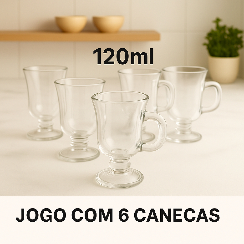 Jogo Com 6 Peças Canecas Xícara 120ml Capuccino Nespresso Café Em Vidro Irish Coffee
