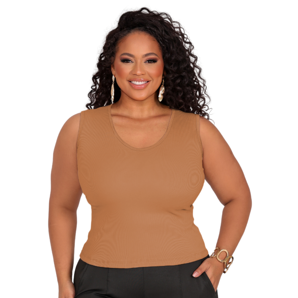 Regata Feminina Ribana Canelada Plus Size Gola V Lisa com Alta Elasticidade 44 ao 54 GG/G1/G2/G3/G4