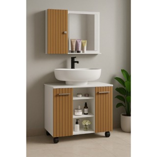 Armário Para Banheiro Kit Completo Gabinete Para Pia De Coluna Com Rodízios + Espelheira Com Prateleira em Oferta na Shopee