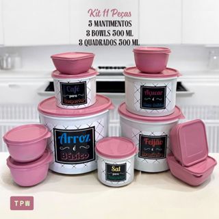 Kit 11 Peças 5 Mantimentos + 3 Bowls 500 ml + 3 Potes Quadrados 500 ml Cozinha Freezer Rosa BB em Oferta na Shopee