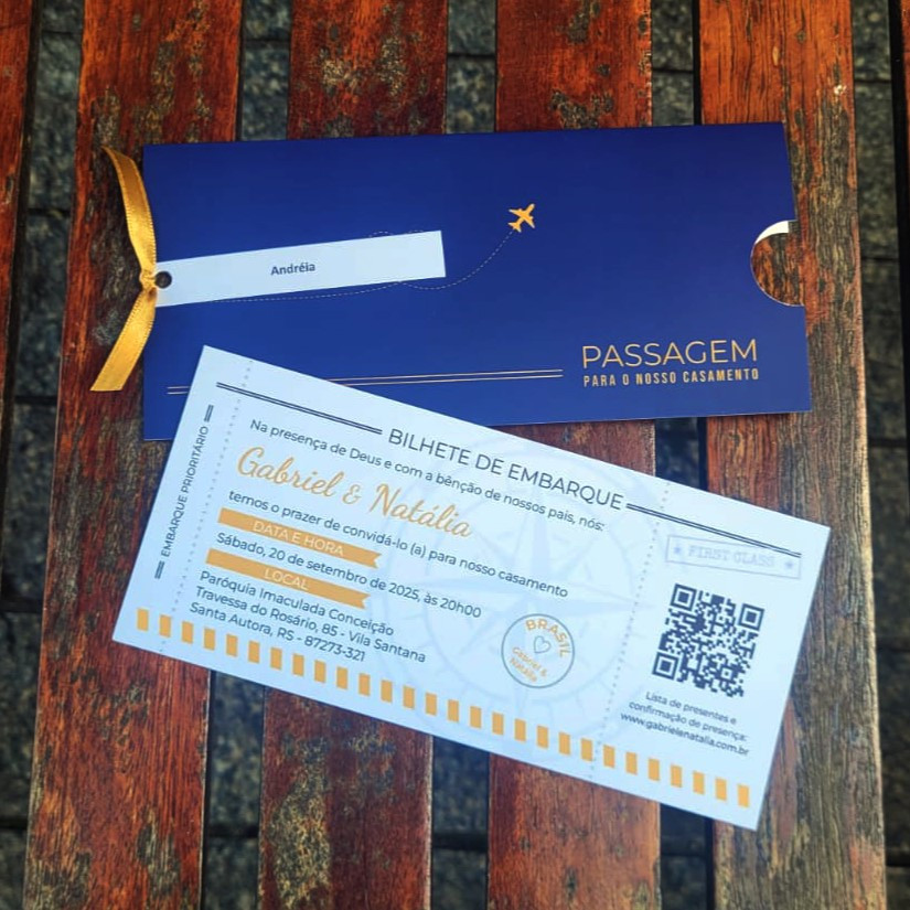Convites De Casamento Passagem Aérea | Envelope Preto ou Azul Marinho