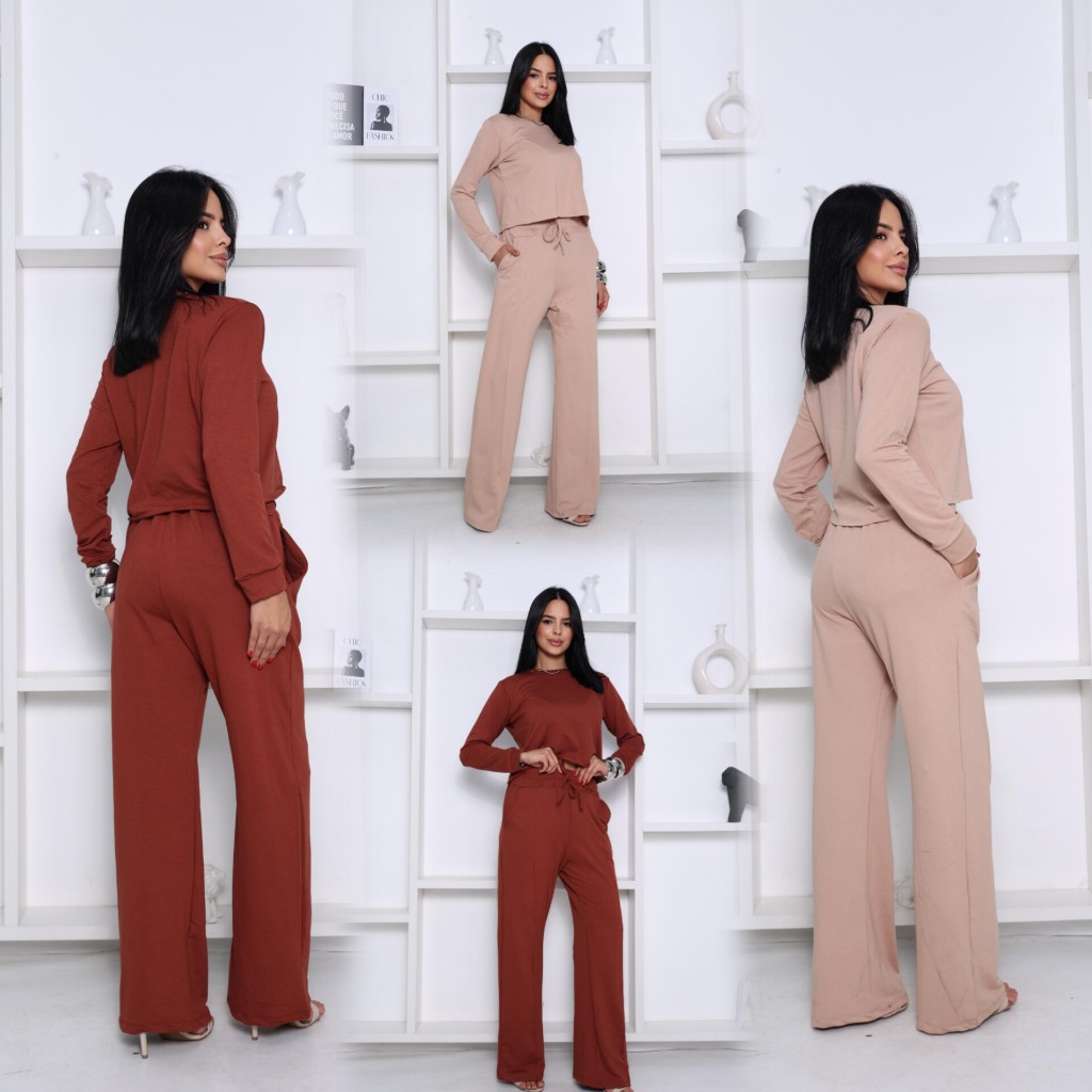 Conjunto Feminino Moletinho - Calça Pantalona e Blusa com manga, moda inverno 2025