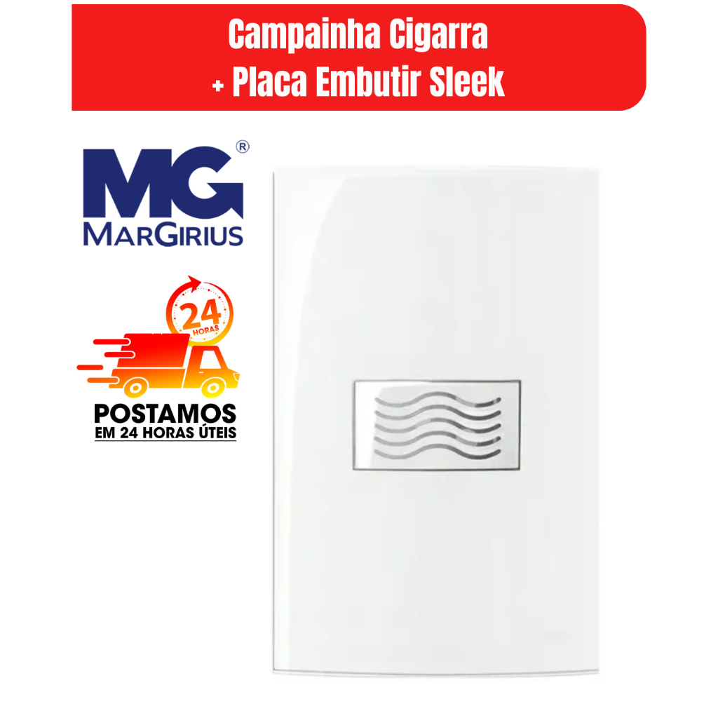 Conjunto completo 4x2 Campainha Cigarra + Placa Embutir Sleek Margirius Cor Branco