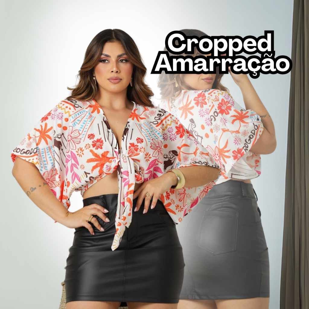Cropped Amarração Estampado Blusa Verão Tendência Floral Manga Morcego