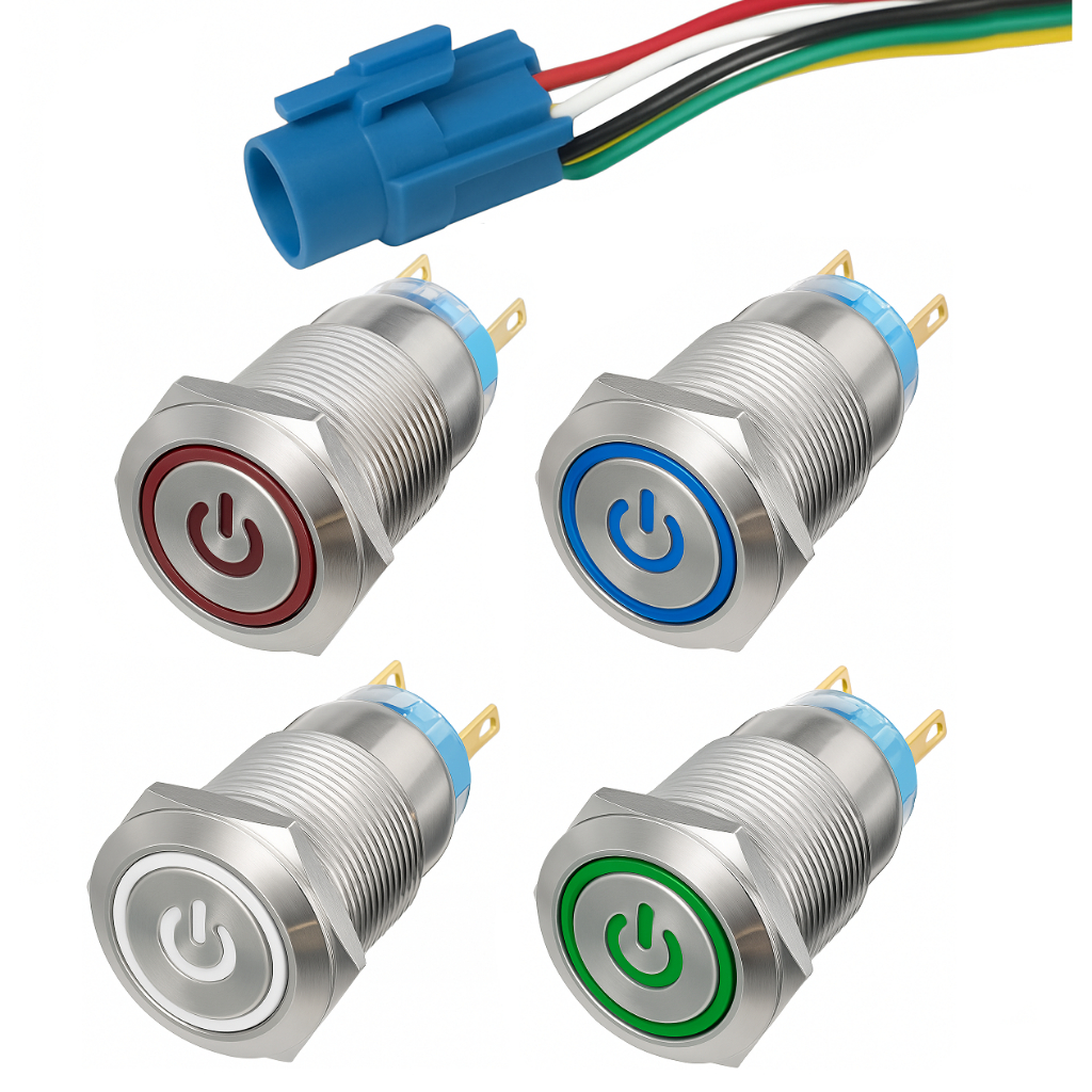 Botão On Off Inox 19mm Prata com Chicote 3a Com Led 12v - 4 Cores