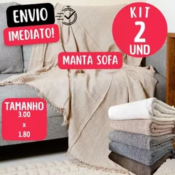 Kit Com 2 Manta De Sofá King Gigante 3,00 x 1,80 Artesanal 100% Algodão Protetor Decoração