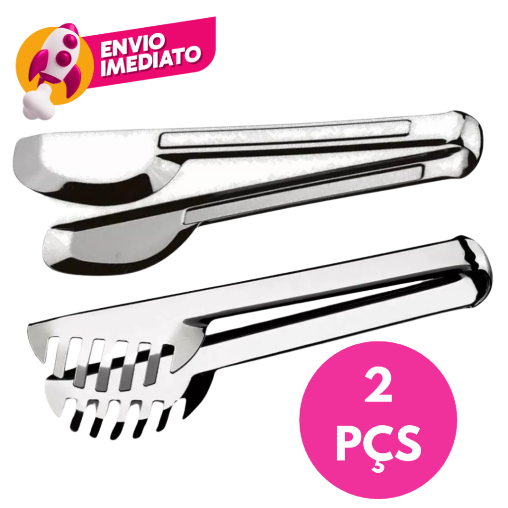 Kit 02 Pç Pegador Universal Tipo Pinça Inox E Pegador Serrilhado Massas Salada Petiscos Frios