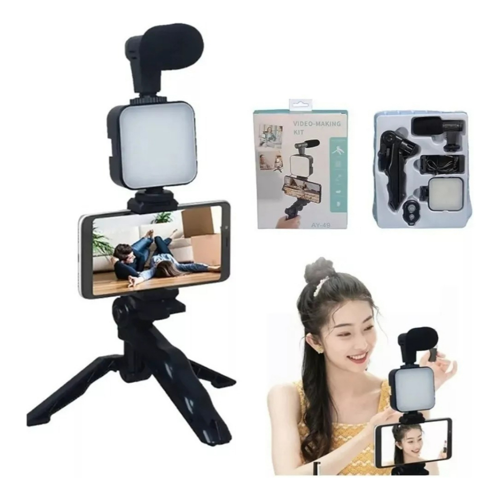 Kit Youtuber Vlog Live Tripé Microfone P/ Celular Ring Light 3 Intensidades Iluminador Vídeos Fotos