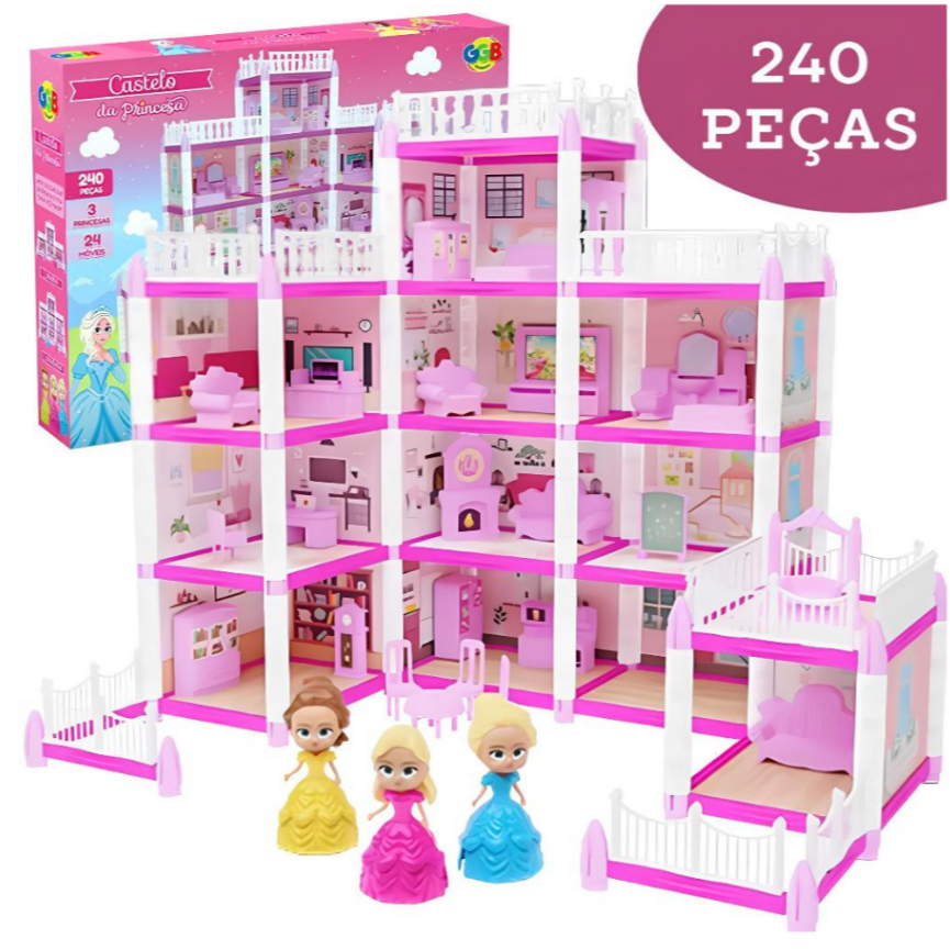 Casinha De Boneca Infantil Grande Com 4 Andares Com Cozinha Sala Quarto Castelo Princesinh...