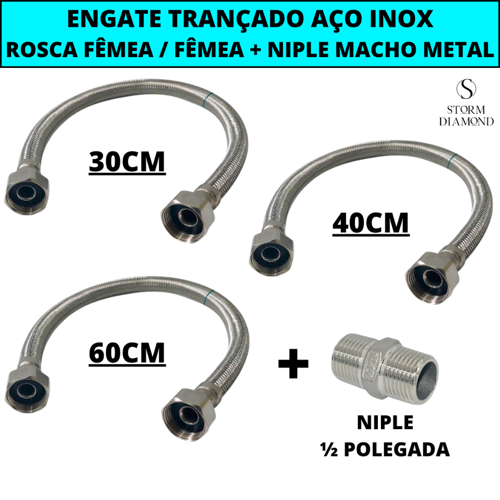 Engate Flexível De Aço Inox Trançado 40cm Para Água Quente E Fria Rosca Macho X Fêmea 1/2 Polegada em Oferta na Shopee
