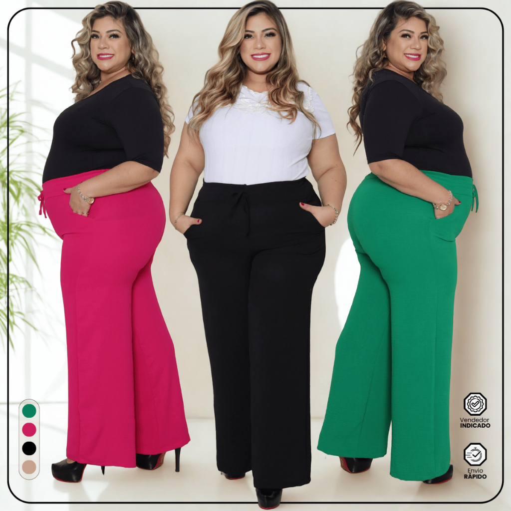 Kit 3 Calça Pantalona Plus Size Tecido Duna Cintura Alta Gordinha M-G3 Confortável Moda Frio Inverno