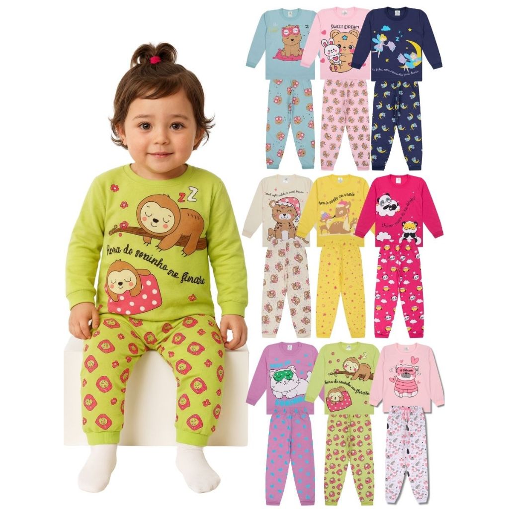 Kit Sortido 2,6 ou 10 Peças Pijama Manga Longa Bebê Menina Infantil Feminino de Algodão Roupa de Dormir