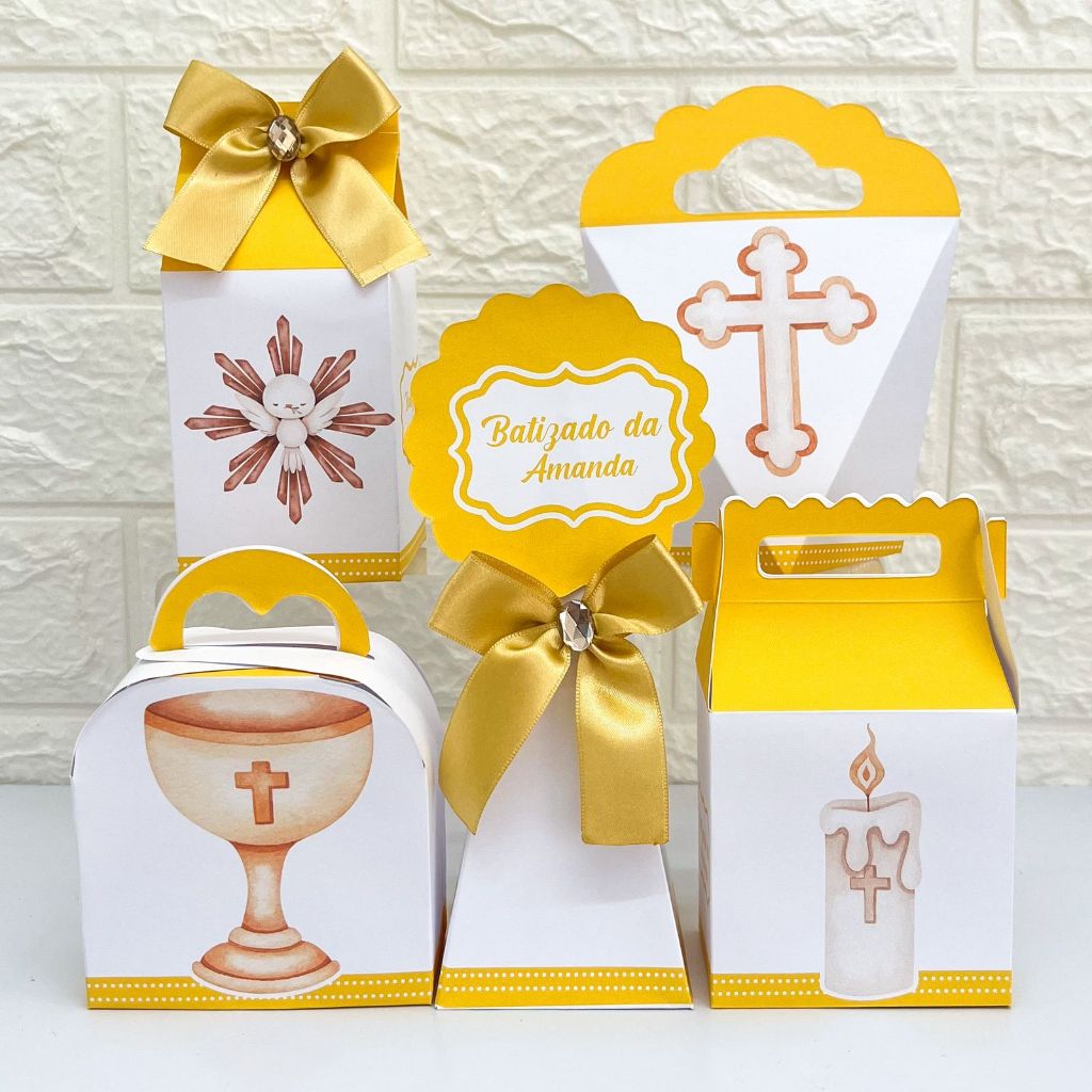 Kit Festa BATIZADO AMARELO Caixas Personalizada –  Pegue e Monte Decoração de Festa - Lembrancinhas - Caixinhas Festa