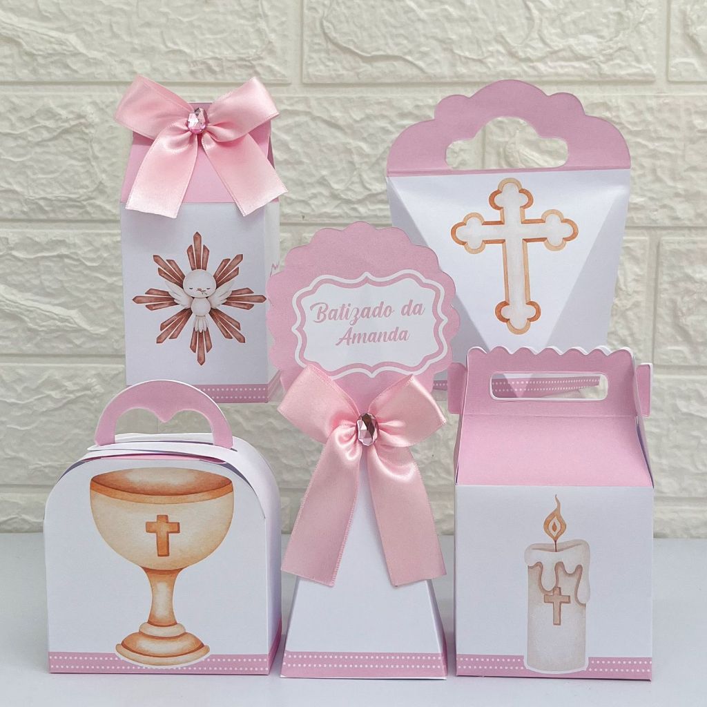 Kit Festa BATIZADO ROSA Caixas Personalizada –  Pegue e Monte Decoração de Festa - Lembrancinhas - Caixinhas para Festa