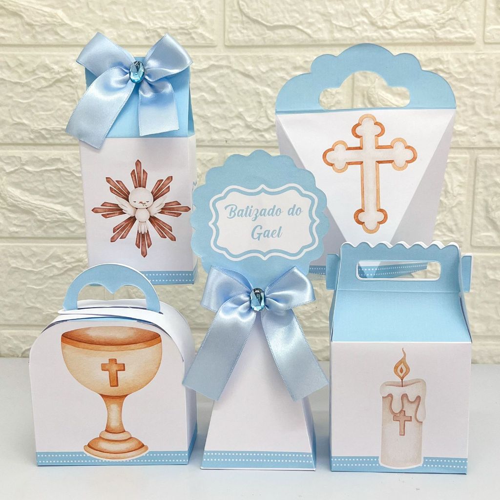 Kit Festa BATIZADO AZUL Caixas Personalizada –  Pegue e Monte Decoração de Festa - Lembrancinhas - Caixinhas para Festa