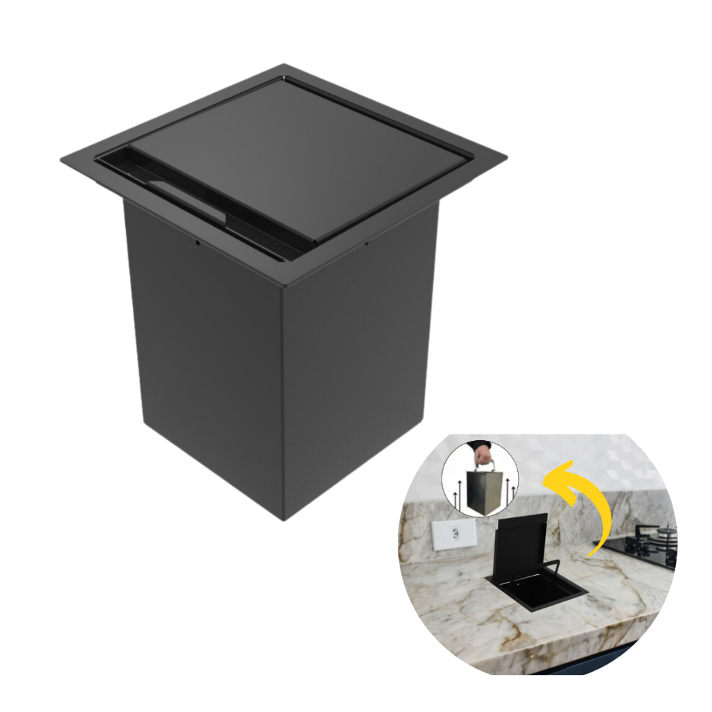 Lixeira De Embutir Quadrada 4l Preta Para Cozinha Balcão de Mármore
