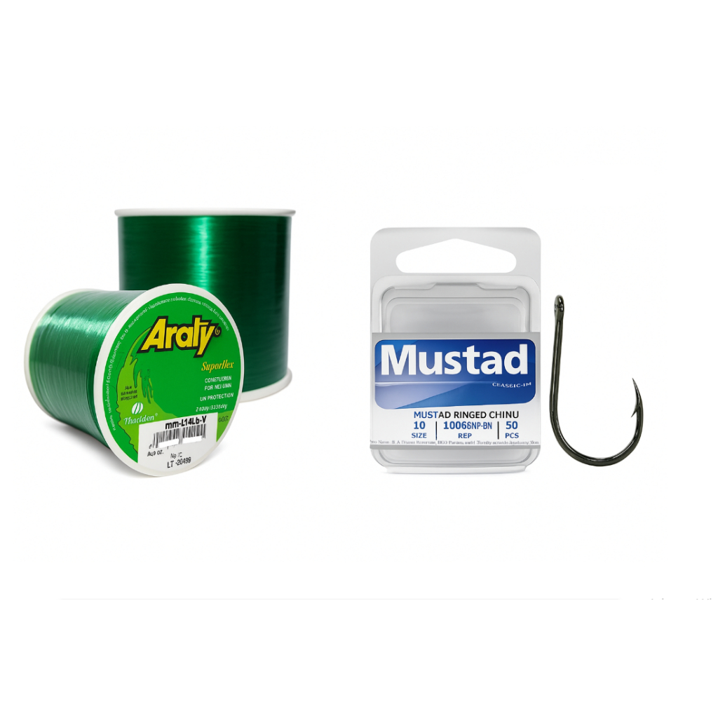 Linha De Pesca  Araty Superflex Verde + Anzol  Mustad Ringed Chinu  - 50 Peças Varias Medidas