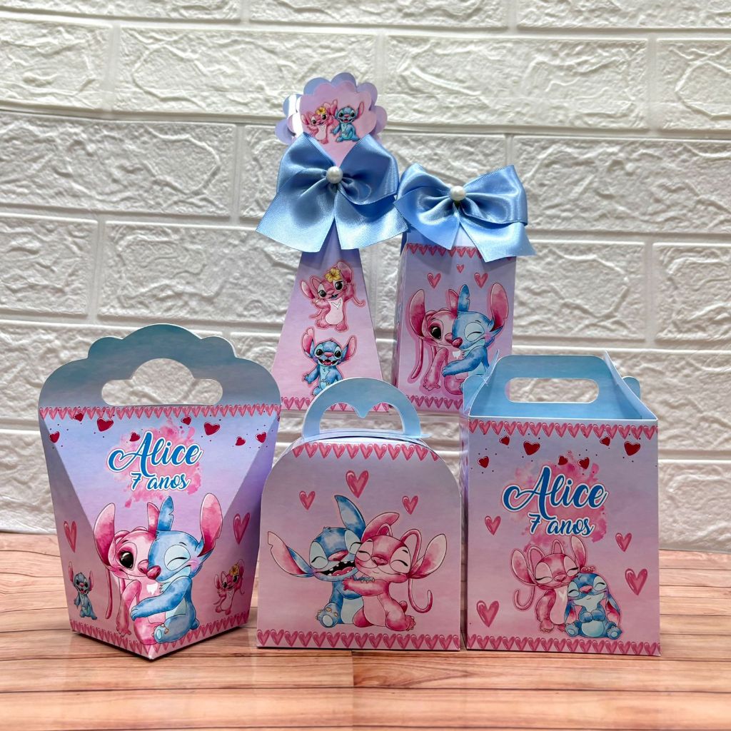 Kit Caixinhas Personalizadas Stitch e Angel Lembracinha de Festa Aniversário