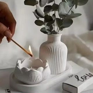 Kit 3 peças decoração Vaso flor + castiçal flor lótus + bandeja decorativa porta jóias casa escritório casa sala em Oferta na Shopee