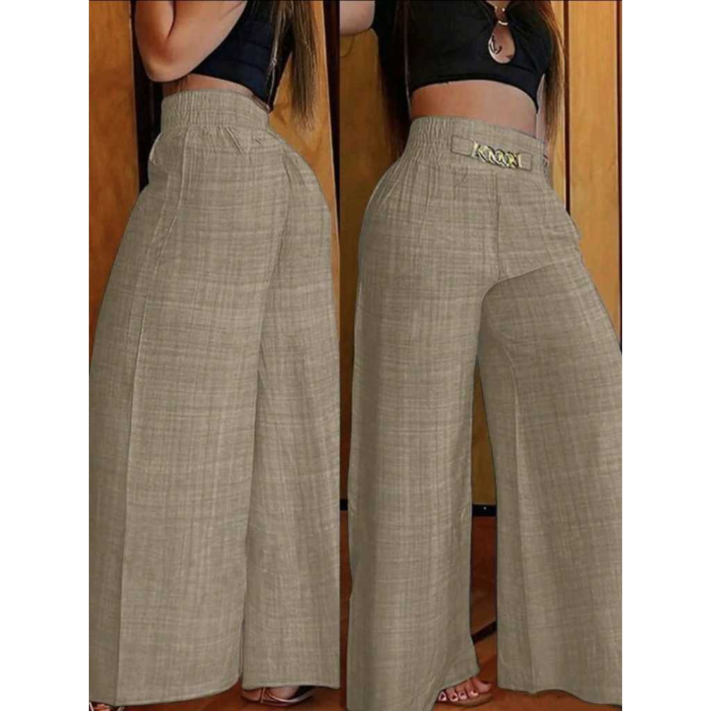 Calça Pantalona De Linho Com Cinto Fake e Cintura Alta e Bolsos