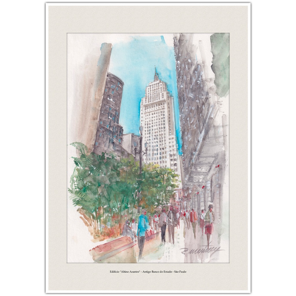 Edifício Altino Arantes Antigo Banco do Estado - São Paulo | Arte Aquarela para Quadro Decorativo A4