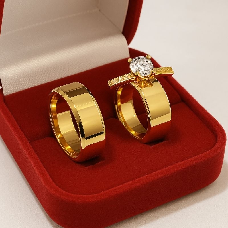 Par de Alianças Tungstênio 8mm Ouro 18k + Anel Solitário + Caixa Luxo Presenteável