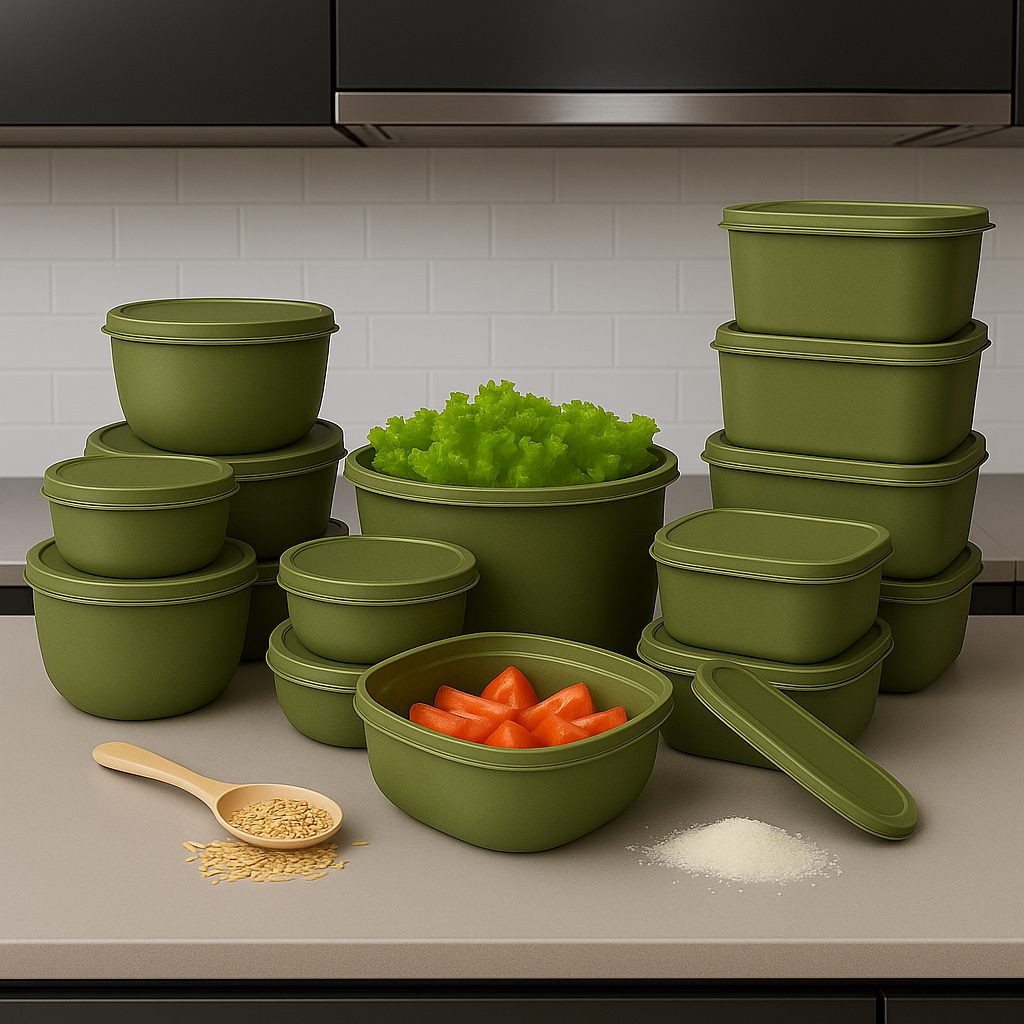 Kit 15 Potes Plásticos Verde Oliva com Tampa Hermética | BPA Free | Empilháveis | Para Alimentos, Marmitas, Freezer