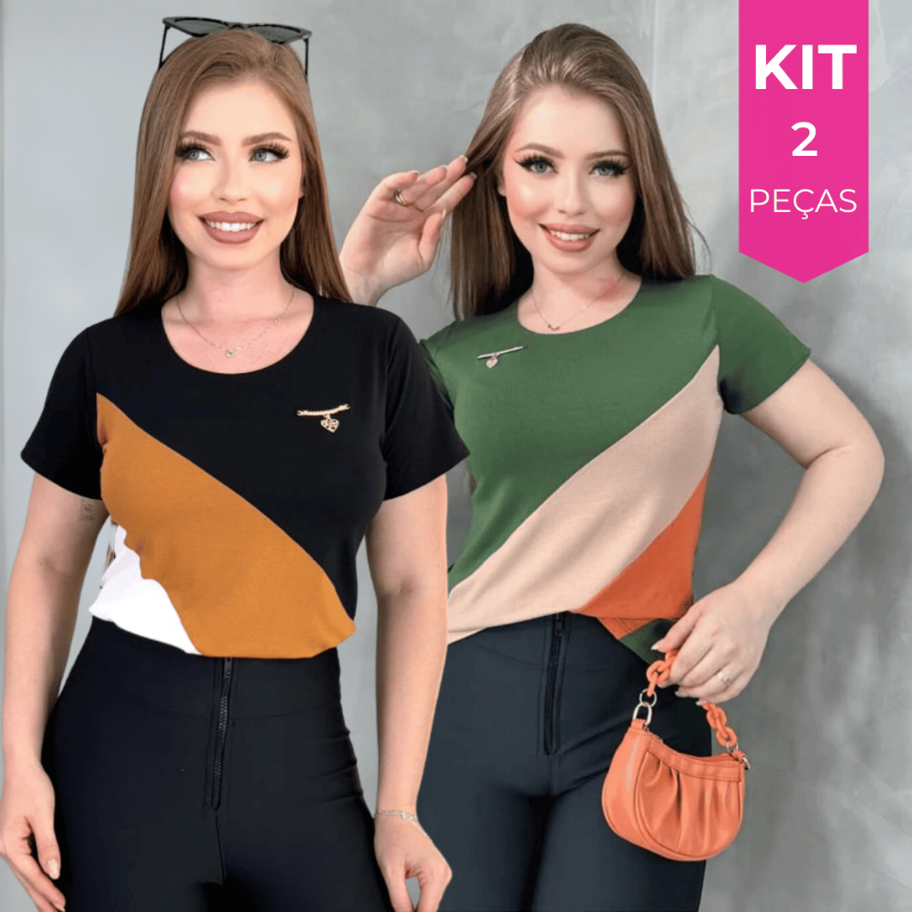 Kit 2 Blusa Feminina Estilosa Tricolor Gola Redonda Camiseta Manga Curta Lisa Moda Verão em Oferta na Shopee