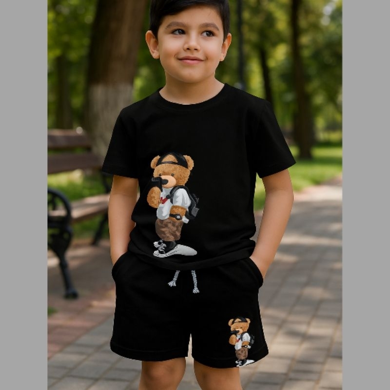 Conjunto infantil de menino Preto de camiseta 100% algodão bermuda moleton verão co estampa ursinho