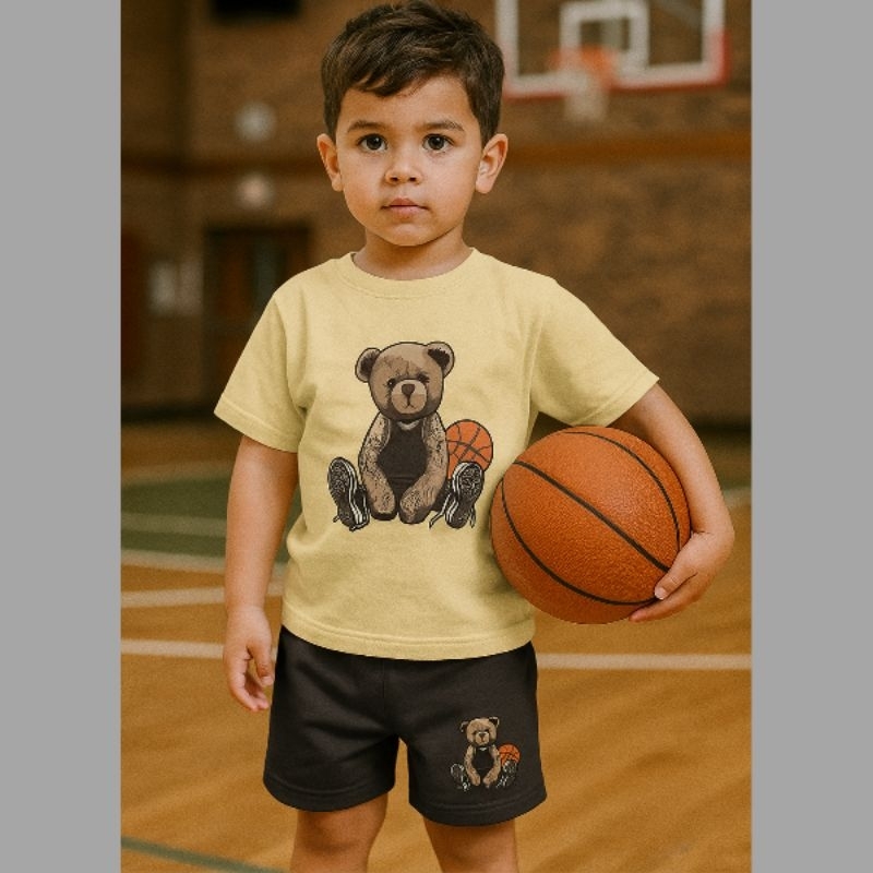 Conjunto Infantil Masculino Urso Basquete | Camiseta Algodão Premium + Bermuda Moletom com Bolsos | Tamanhos do 2 ao 16