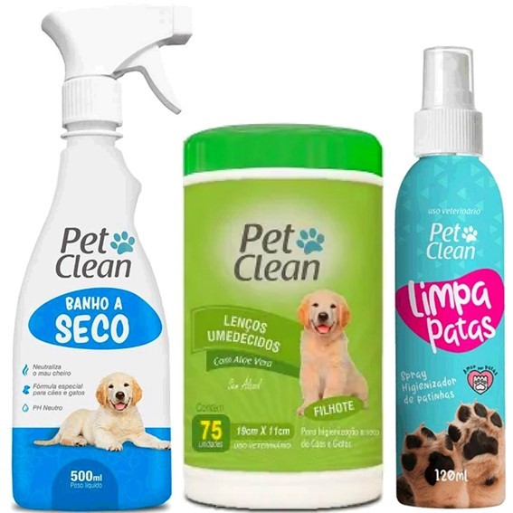 Kit Banho a Seco Sem Enxágue, Lenço Umedecido e Limpa Patas Cães e Gatos higiene rápida pet clean