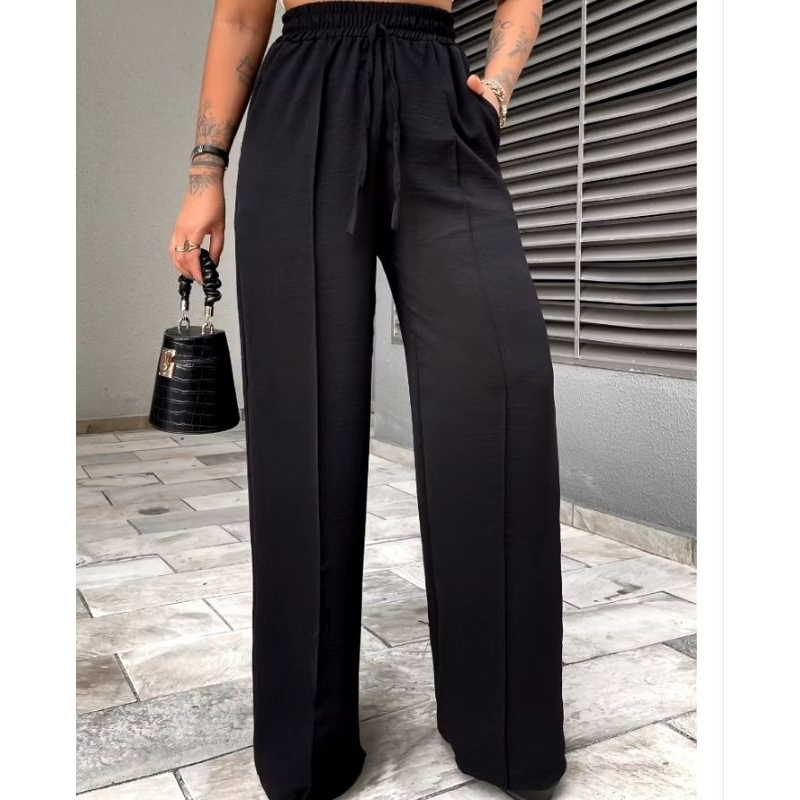 calça feminina pantalona cintura alta tendência moda em Oferta na Shopee