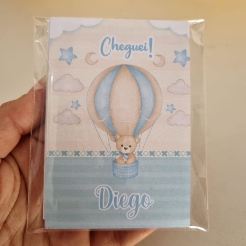 kit Lembrancinha Maternidade Ursinho Teddy Baloeiro Azul 30 Bloquinhos Personalizados Nascimento do bebê
