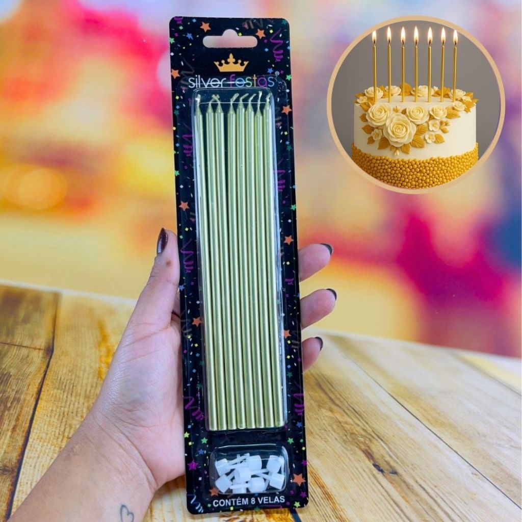 KIT 8 VELAS PALITO GIGANTE METALIZADA (SILVER FESTA) em Oferta na Shopee