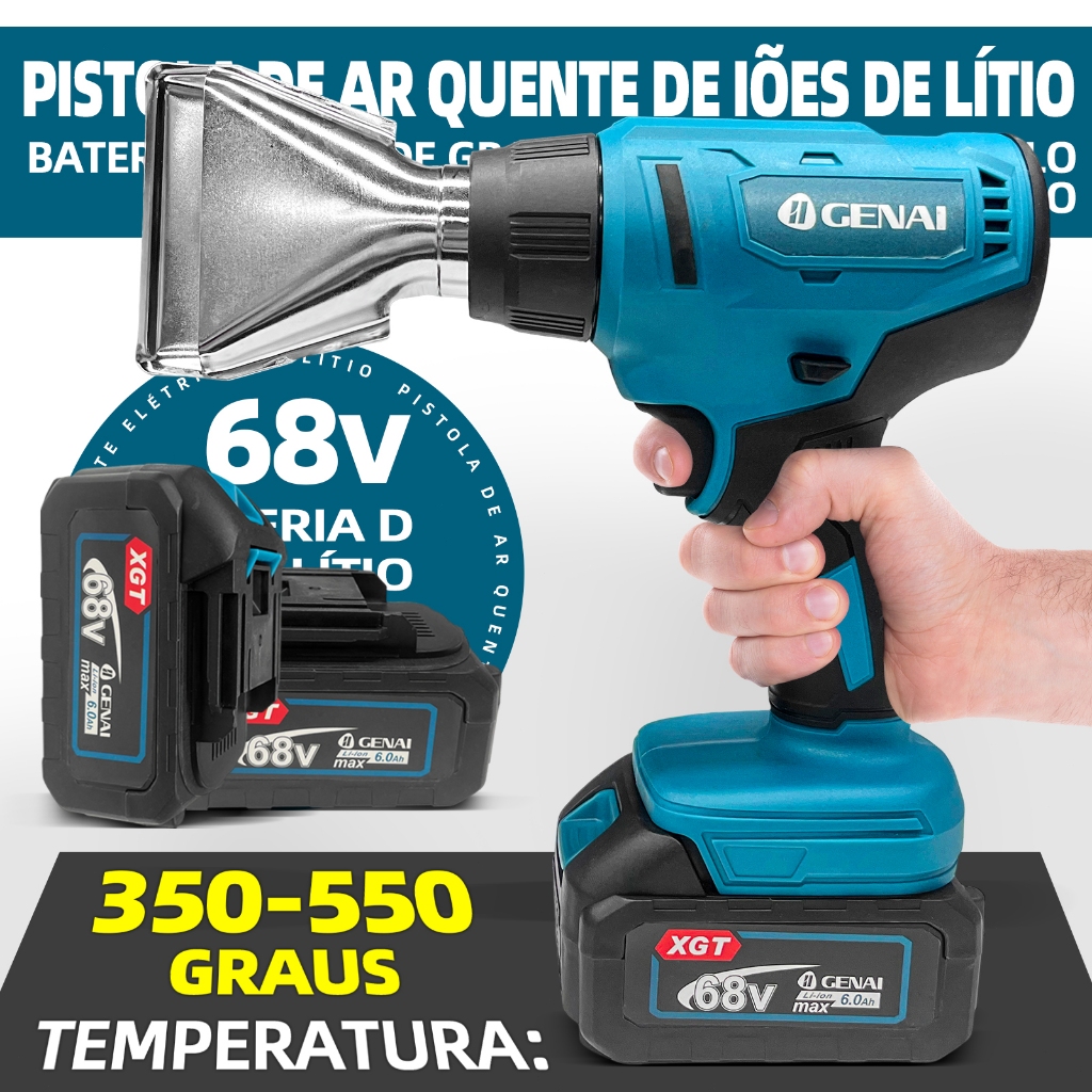 Pistola de Ar Quente Profissional 68V 450W Soprador Térmico 550°C com 2 Baterias Portátil e Potente
