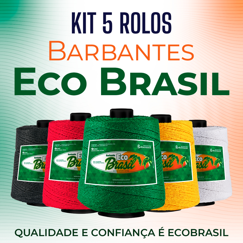 KIT 5 ROLOS BARBANTE ECO BRASIL 1Kg Fio 6 - Crochê Artesanato Tricô Macramê - Linha Completa Cores - Macio Não Desbota