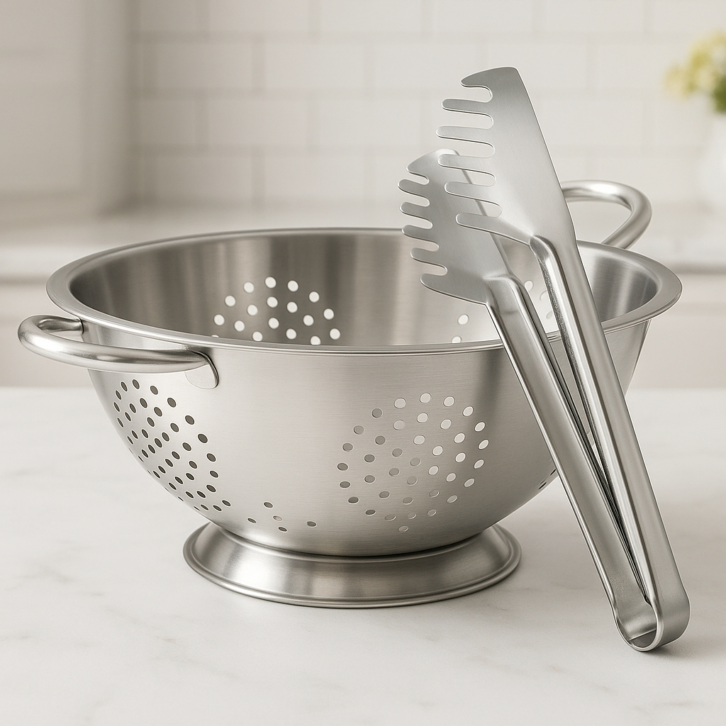 Kit Escorredor de Macarrão Inox 24cm + Pegador de Massas Inox 20cm